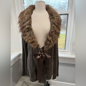 Y2K Open Knit Cardigan with Faux Fur Collar Size Medium Satin Bow